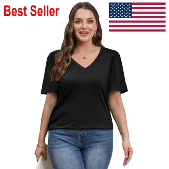 V-Neck Puff Sleeve Blouse Loose Fit Casual Chic Summer Tops Dressy - Picture 4 of 8